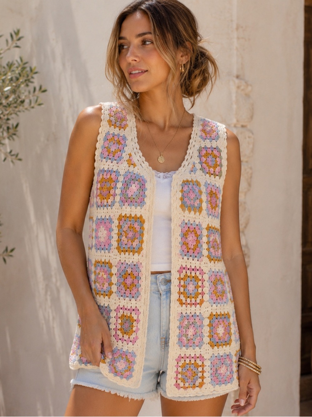 House of Harlow 1960 Knitted Crocheted Pastel Coastal Granny Square Vest One Sz